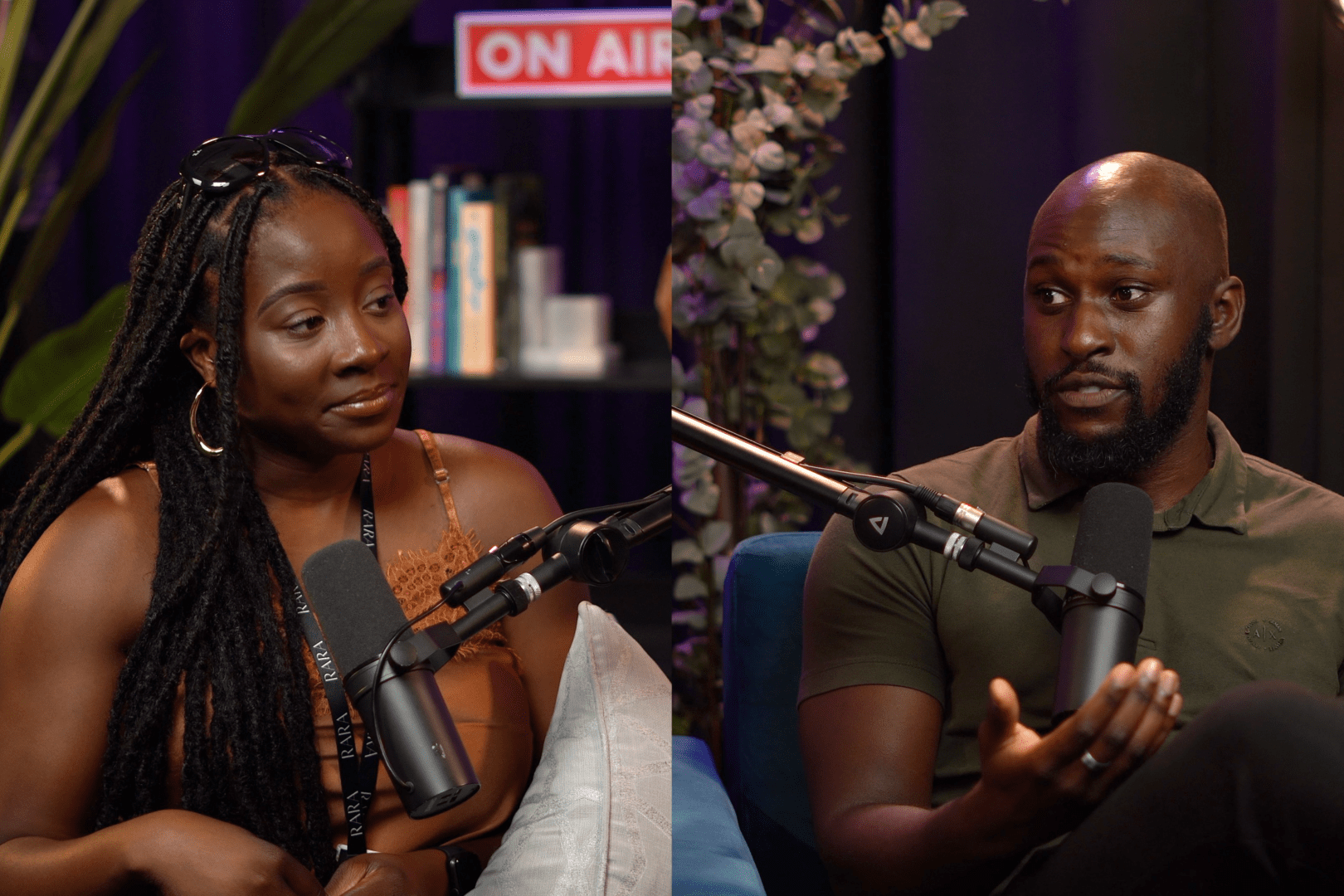 A photo of a black man and black woman having a discussion on a podcast