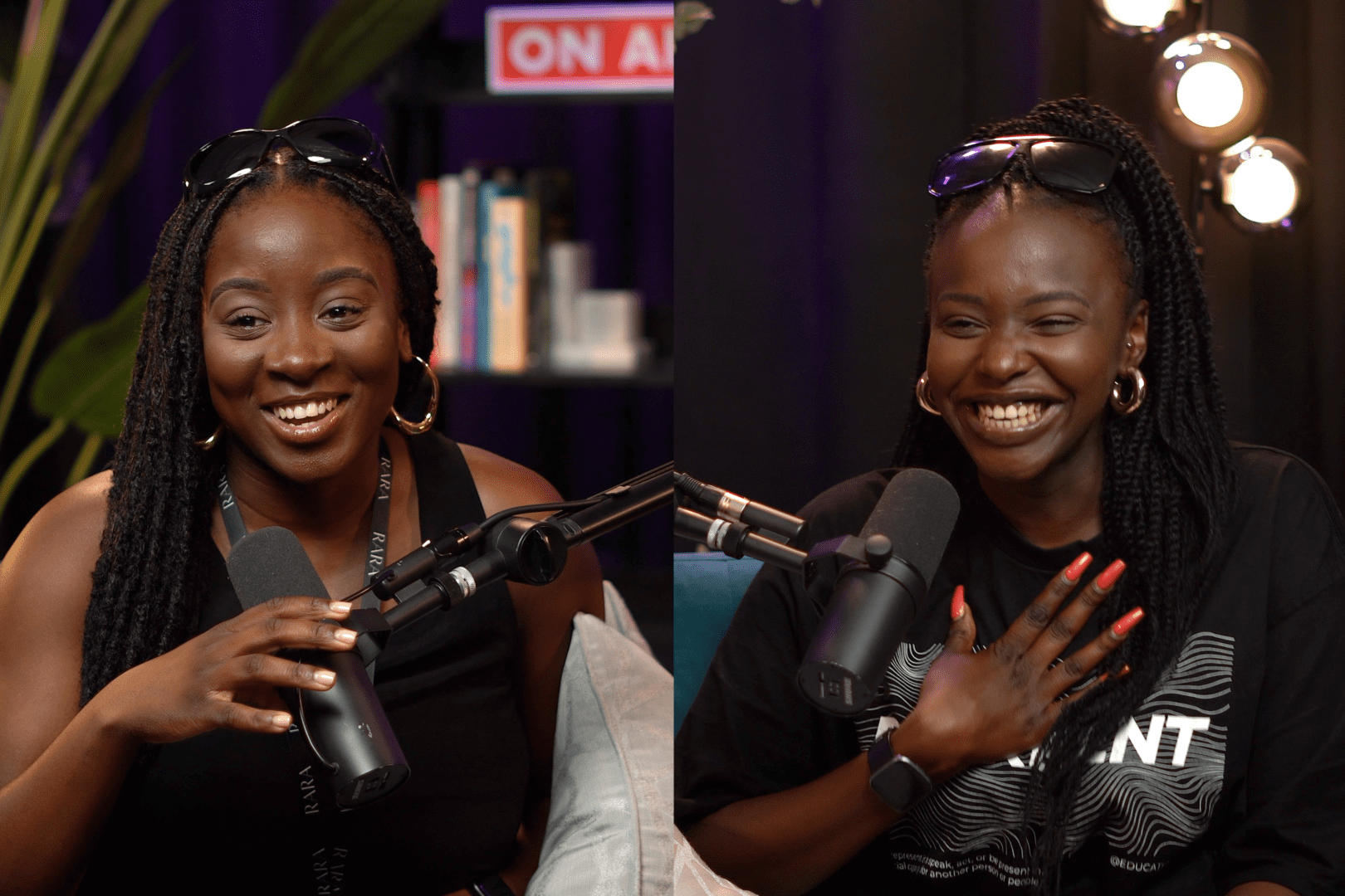 A photo of two black women laughing while on a podcast